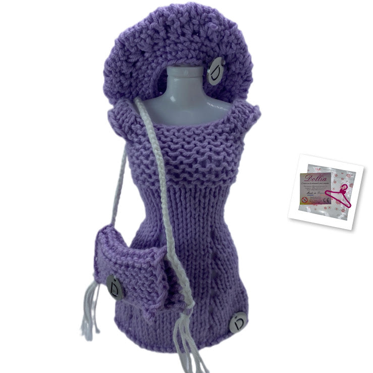 Ensemble robe,beret et sac pour poupée sans fermeture fait main-Made in France