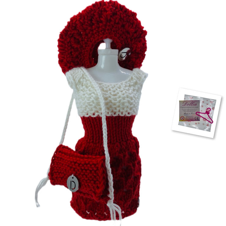 Ensemble robe,beret et sac pour poupée sans fermeture fait main-Made in France