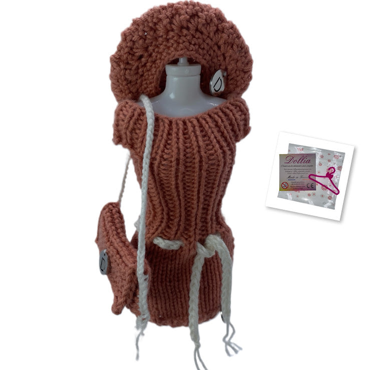 Ensemble robe avec ceinture, beret et sac pour poupée sans fermeture fait main-Made in France
