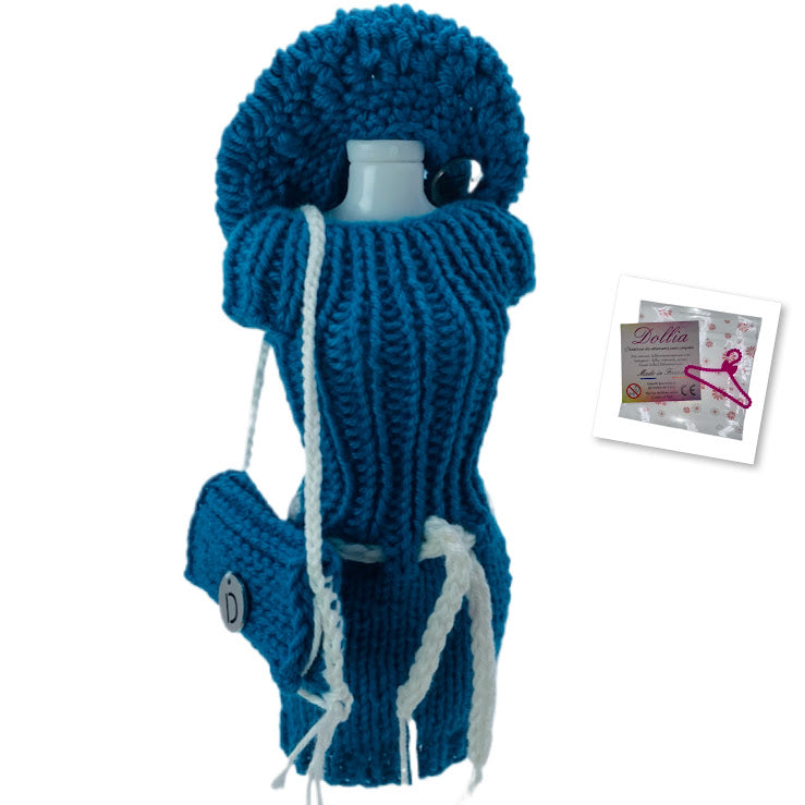 Ensemble robe avec ceinture, beret et sac pour poupée sans fermeture fait main-Made in France