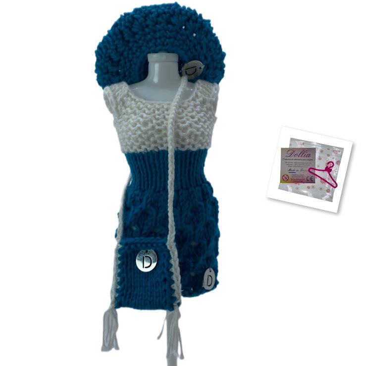 Ensemble robe,beret et sac pour poupée sans fermeture fait main-Made in France