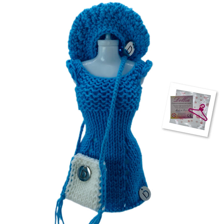 Ensemble robe,beret et sac pour poupée sans fermeture fait main-Made in France