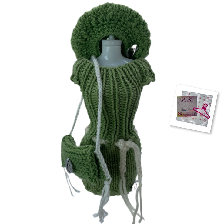 Ensemble robe avec ceinture, beret et sac pour poupée sans fermeture fait main-Made in France