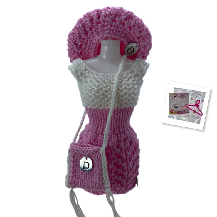 Ensemble robe,beret et sac pour poupée sans fermeture fait main-Made in France