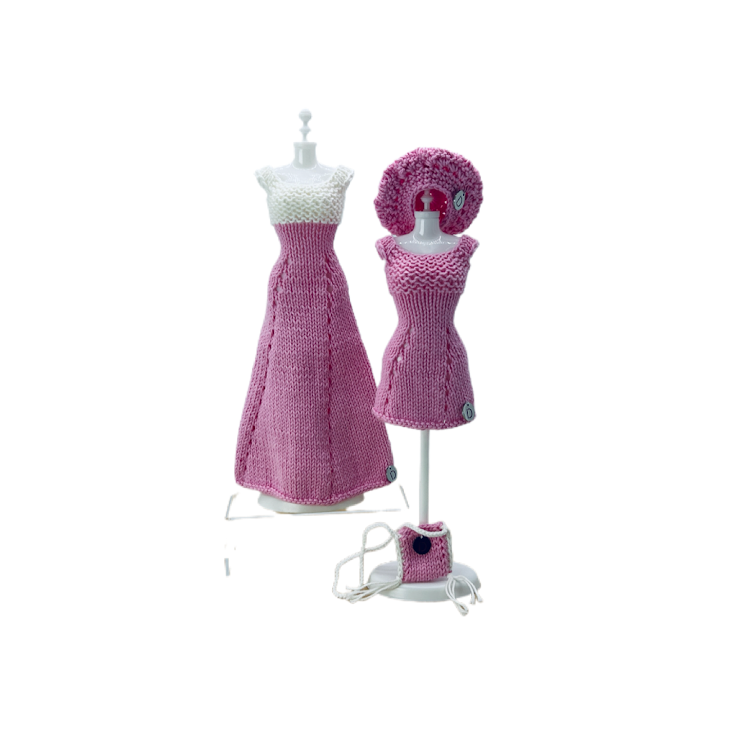 Ensemble Elegant - robe longue, robe courte,beret et sac pour poupée sans fermeture fait main-Made in France