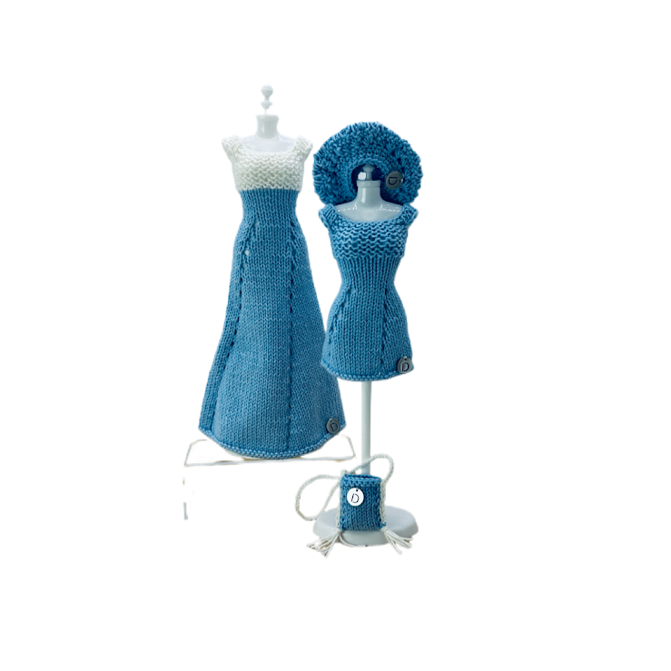 Ensemble Elegant - robe longue, robe courte,beret et sac pour poupée sans fermeture fait main-Made in France