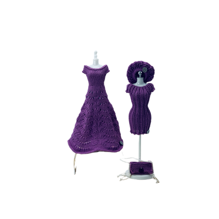 Ensemble ( 4 pièces ) Moon - robe longue+robe courte+béret+petit sac pour poupée sans fermeture fait main - Made in France