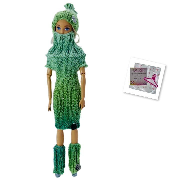 Ensemble d'hiver - Bonnet, Robe courte avec col et guêtres, sans fermeture fait main - Made in France