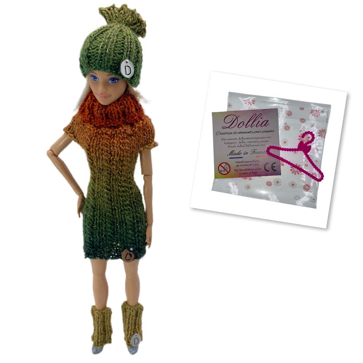 Ensemble d'hiver - Bonnet, Robe courte avec col et guêtres, sans fermeture fait main - Made in France