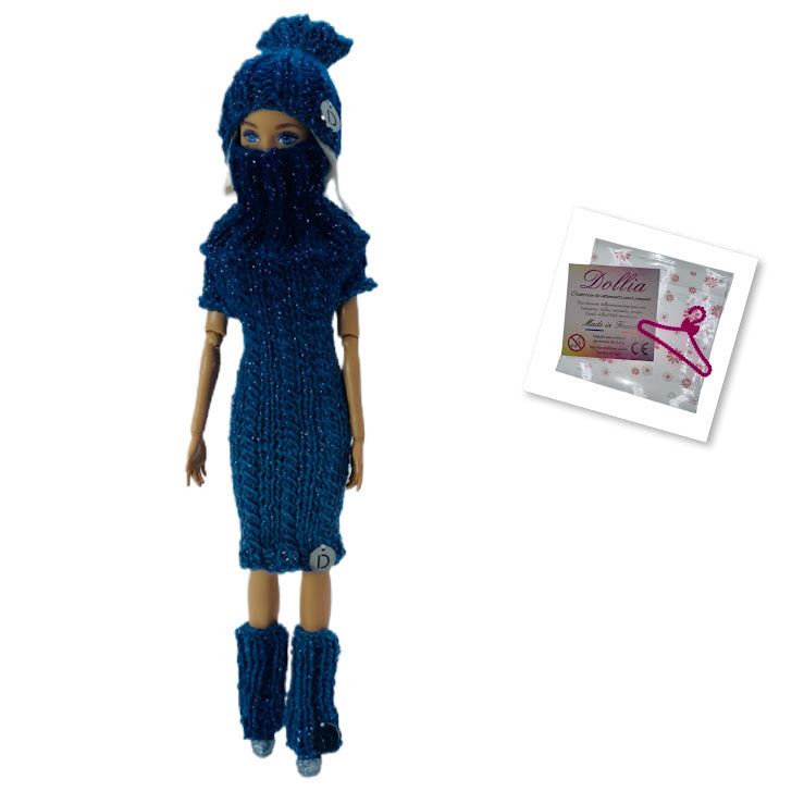 Ensemble d'hiver - Bonnet, Robe courte avec col et guêtres, sans fermeture fait main - Made in France