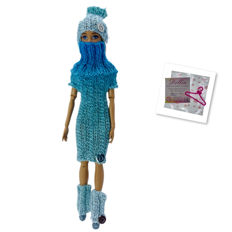 Ensemble d'hiver - Bonnet, Robe courte avec col et guêtres, sans fermeture fait main - Made in France