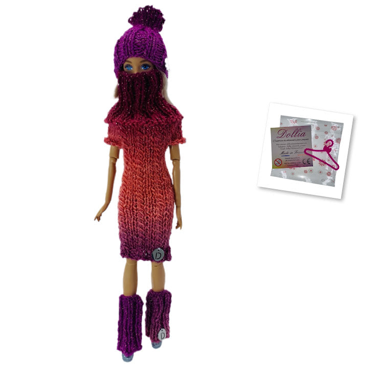 Ensemble d'hiver ( 3 pièces ) - Robe courte avec col+guêtres+bonnet - couleurs dégradés sans fermeture fait main - Made in France