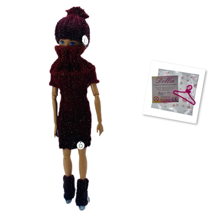 Ensemble d'hiver ( 3 pièces ) - Robe courte avec col+guêtres+bonnet - couleurs dégradés sans fermeture fait main - Made in France