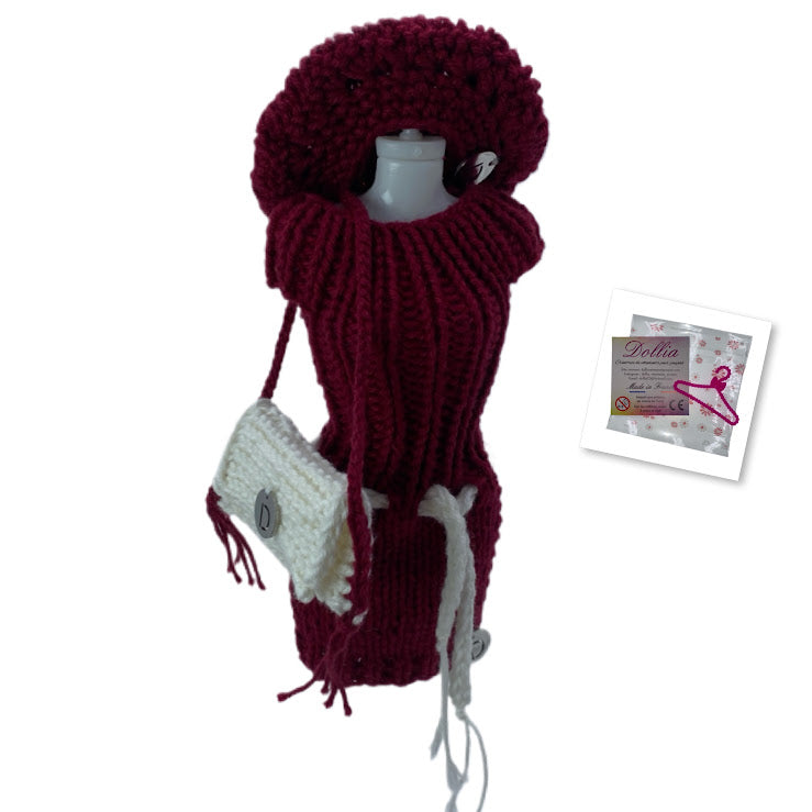 Ensemble robe avec ceinture, beret et sac pour poupée sans fermeture fait main-Made in France