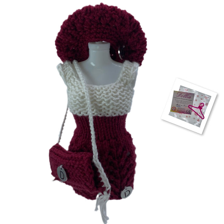 Ensemble robe,beret et sac pour poupée sans fermeture fait main-Made in France