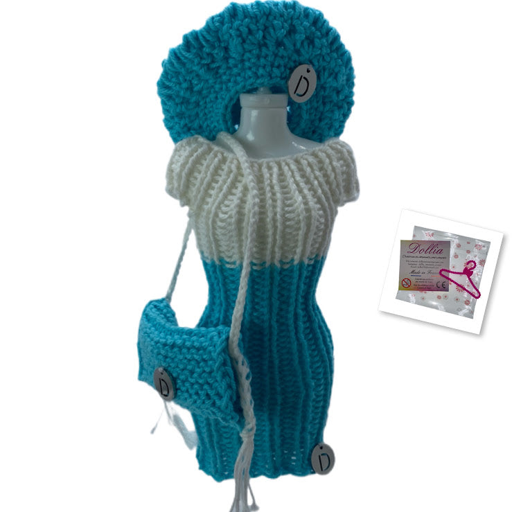 Ensemble robe,beret et sac pour poupée sans fermeture fait main-Made in France