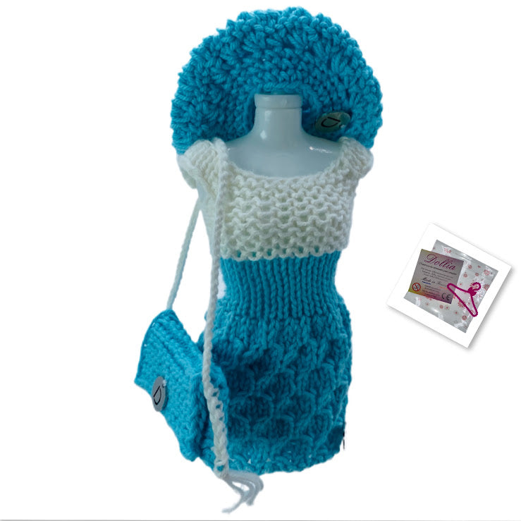 Ensemble robe,beret et sac pour poupée sans fermeture fait main-Made in France