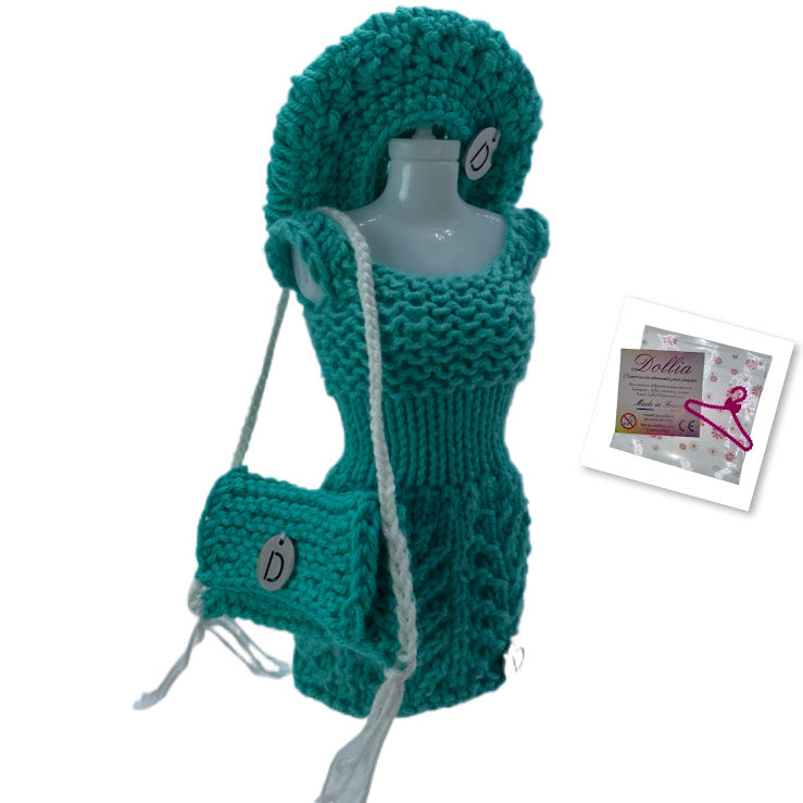 Ensemble robe,beret et sac pour poupée sans fermeture fait main-Made in France