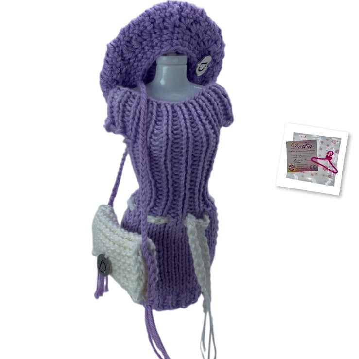 Ensemble robe avec ceinture, beret et sac pour poupée sans fermeture fait main-Made in France