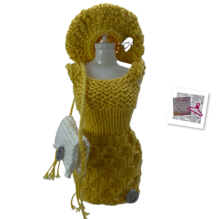 Ensemble robe,beret et sac pour poupée sans fermeture fait main-Made in France