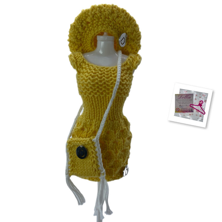 Ensemble robe,beret et sac pour poupée sans fermeture fait main-Made in France