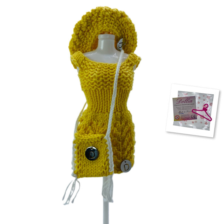 Ensemble robe,beret et sac pour poupée sans fermeture fait main-Made in France