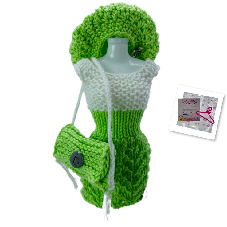 Ensemble robe,beret et sac pour poupée sans fermeture fait main-Made in France