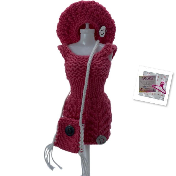 Ensemble robe,beret et sac pour poupée sans fermeture fait main-Made in France