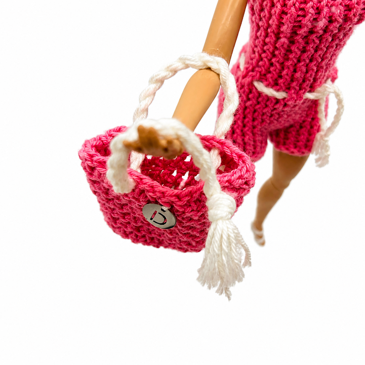 Ensemble 3 pièces d'été - combi short, sac, chapeau fait main en France (poupée n'est pas inclus)