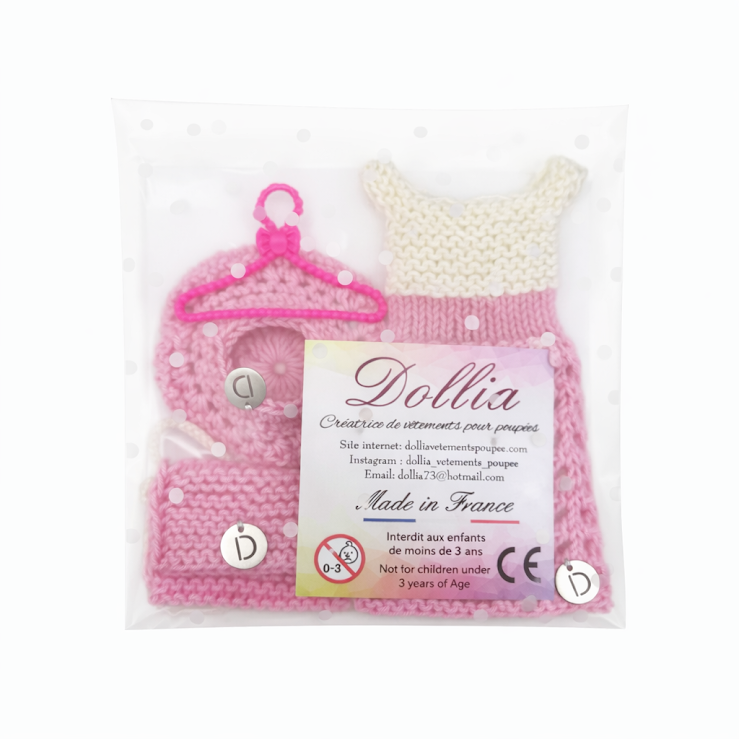 Ensemble poupée chic - Robe tricotée courte chic, béret & sac assorti ( fait main )