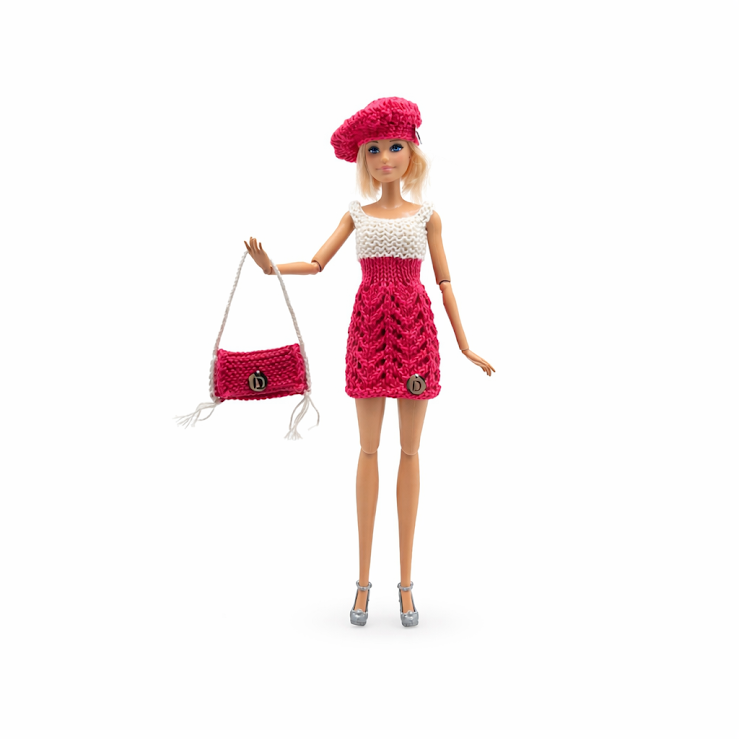 Ensemble poupée chic - Robe tricotée courte chic, béret & sac assorti ( fait main )